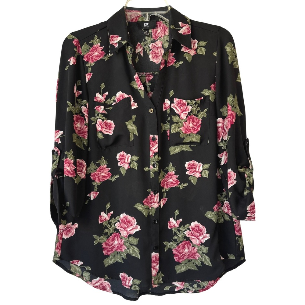 iZ Byer Black Floral Print Button Front Shirt Womens M Dark Cottagecore Romantic